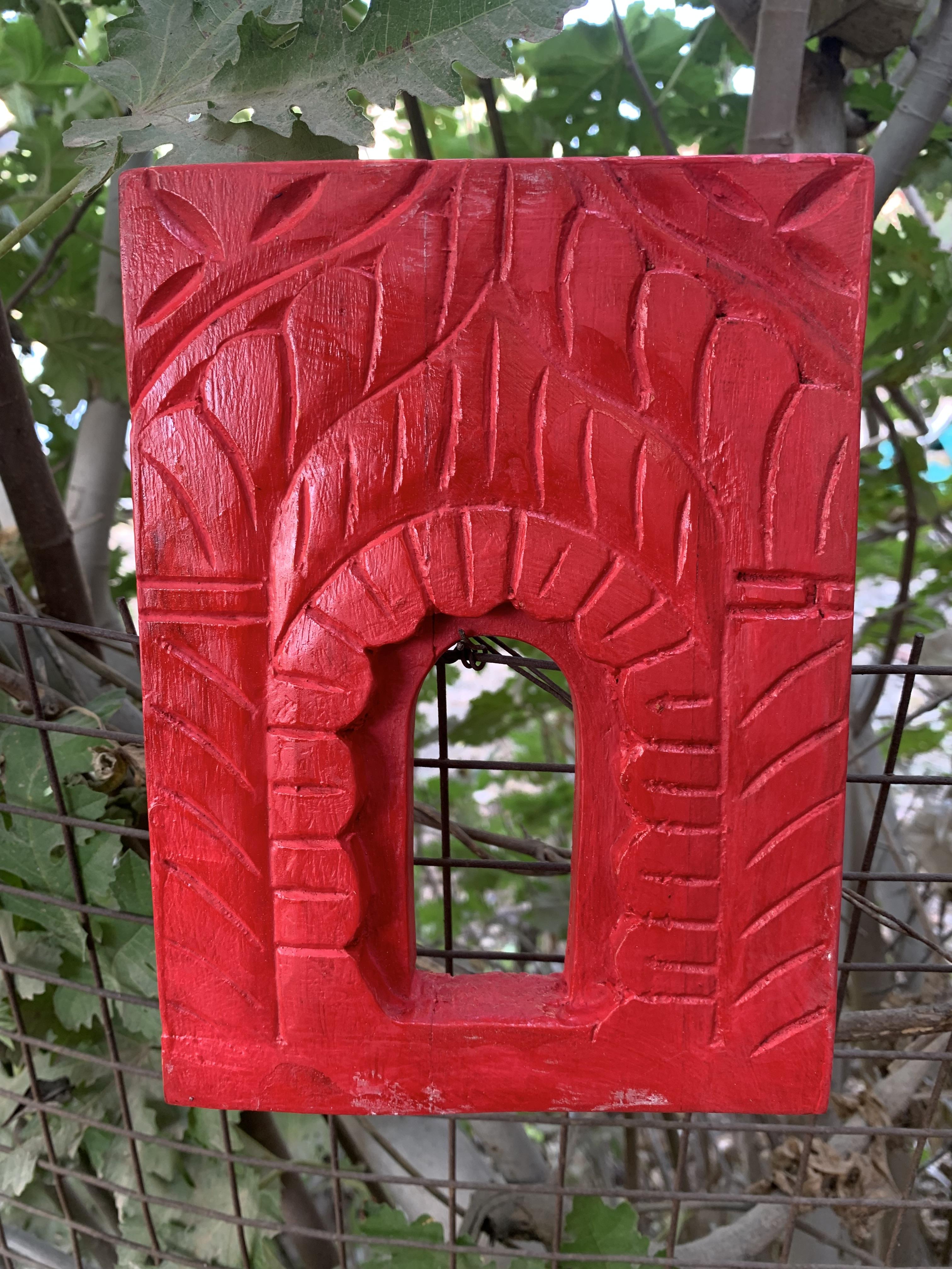 Hand Carved Wooden Jharokha Frame in Red | Traditional Indian Wall Decor 8  x 5.5  x 1   (h x l x w) approx.