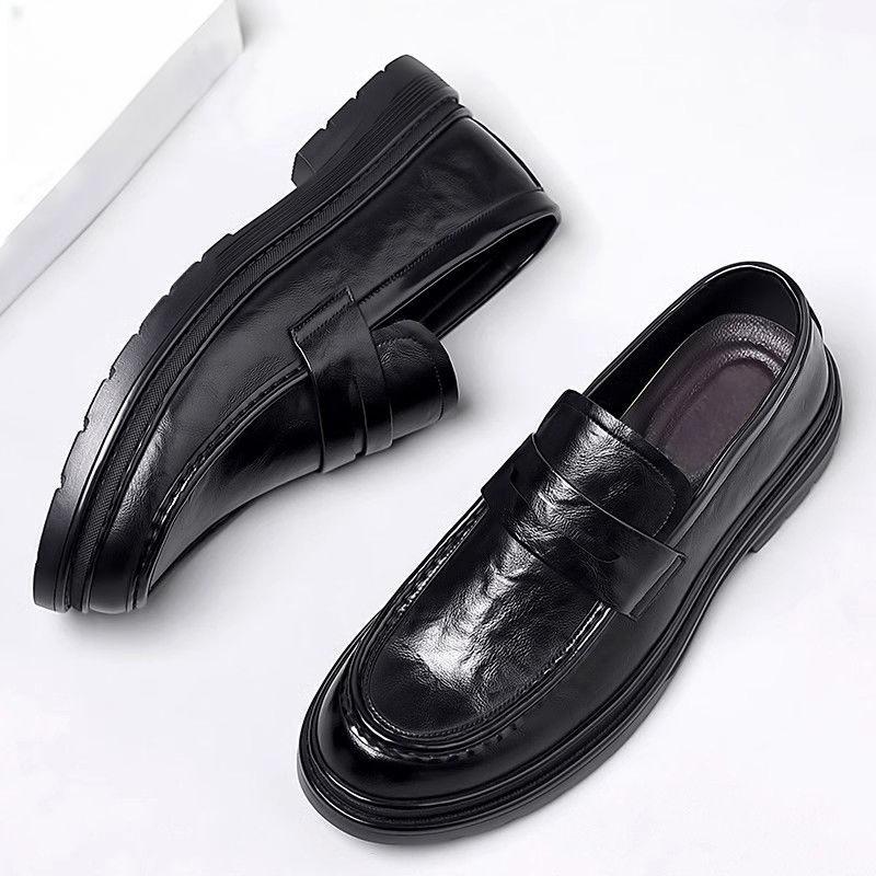 New Men's Leather Shoes Men's One-pedal Men's Business Wedding Interview Shoes Lace-free Platform British Casual Shoes