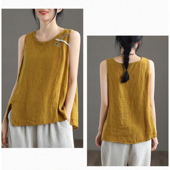 O-Neck Sleeveless Side Split Hem Loose Fit Retro Vest Women Summer Embroidery Pattern Top Streetwear