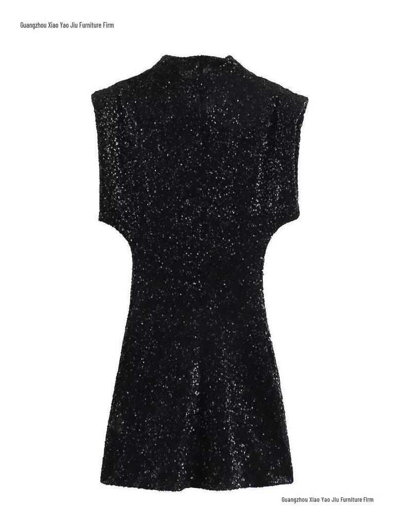 European Style 2026 Women's Sequined Evening Gown - Elegant, Padded Shoulders, Slim Fit, Sexy Beaded Design.