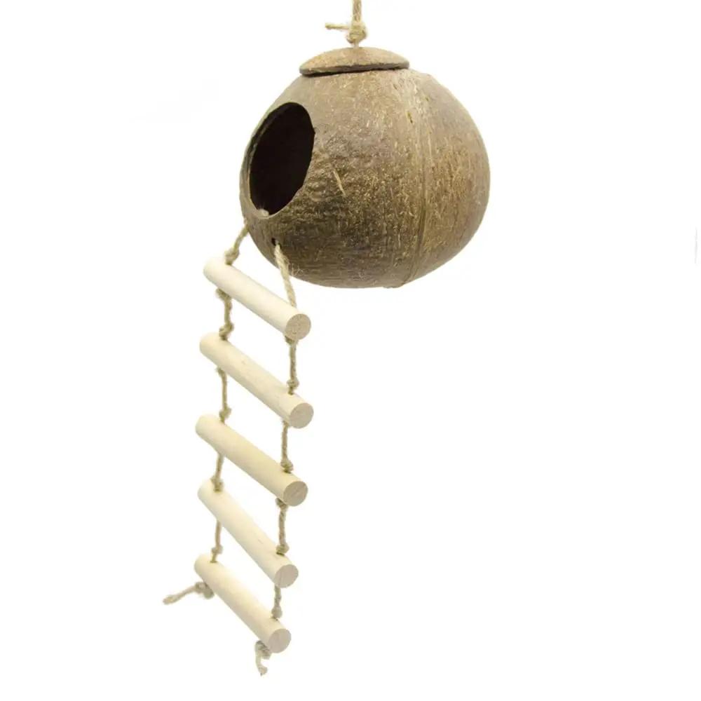 Coconut Bird Nest Hut With Ladder Hanging,Hanging Coconut Bird House Parrot Hideout Bird Cage For Lovebird Pigeons Pet Supplies