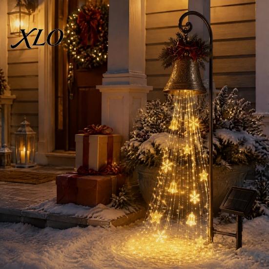 Bronze Bell Lawn Ornaments Solar Christmas Waterfall Light, LED Metal Garden Stake with Red Ribbon, Decorations for Lawns Auto On/Off, Waterproof