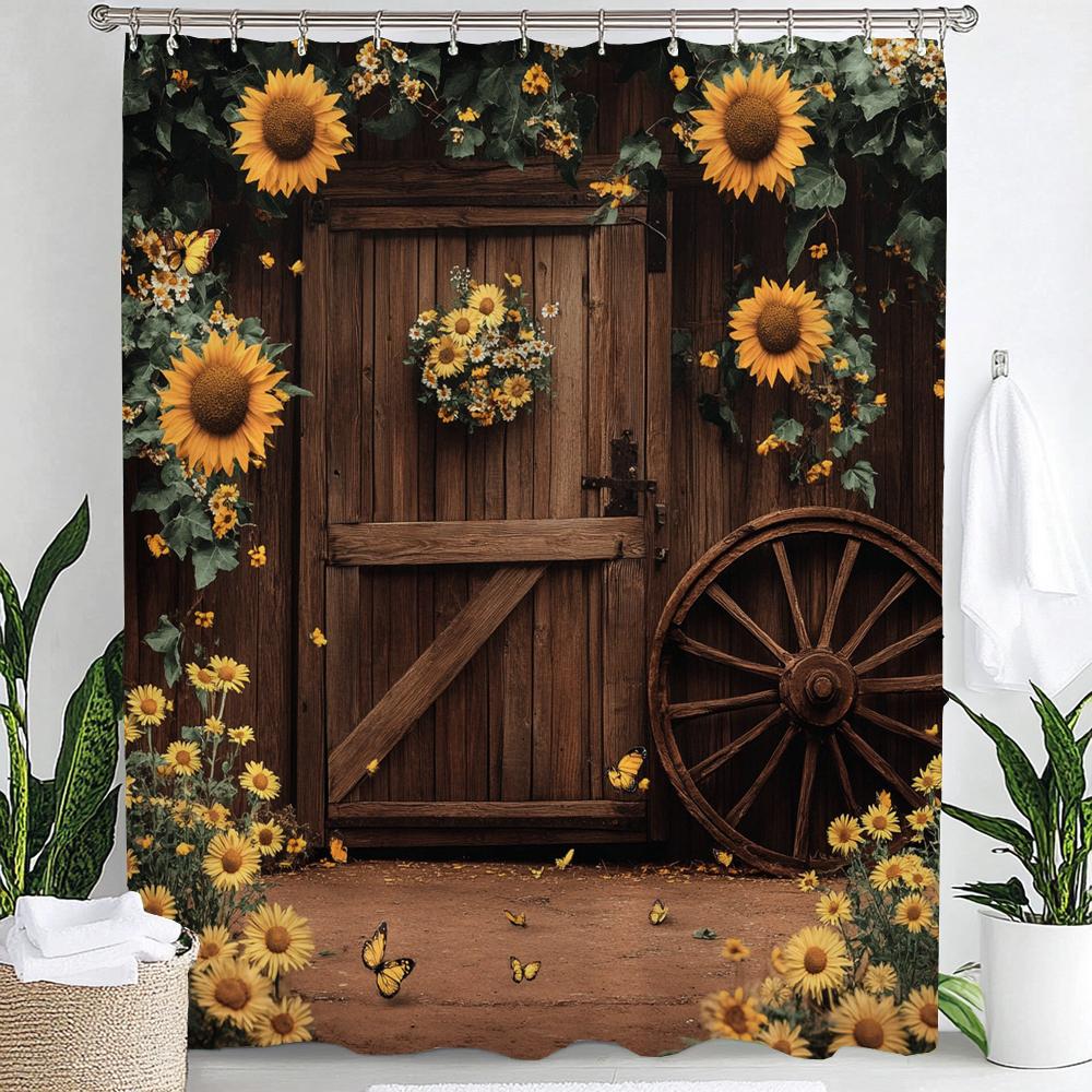 1pc Country Farm Barn, Flower Sunflower Print Waterproof Shower Partition Privacy Hanging Curtain with Hooks Machine Washable