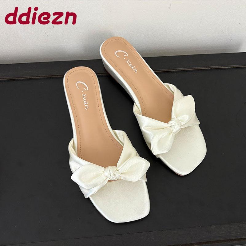 Fashion Female Wedges Footwear Women Low Heel Slippers Shoes Fashion Butterfly-Knot Elegant Ladies Heeled Slippers Sandals Shoes Pumps