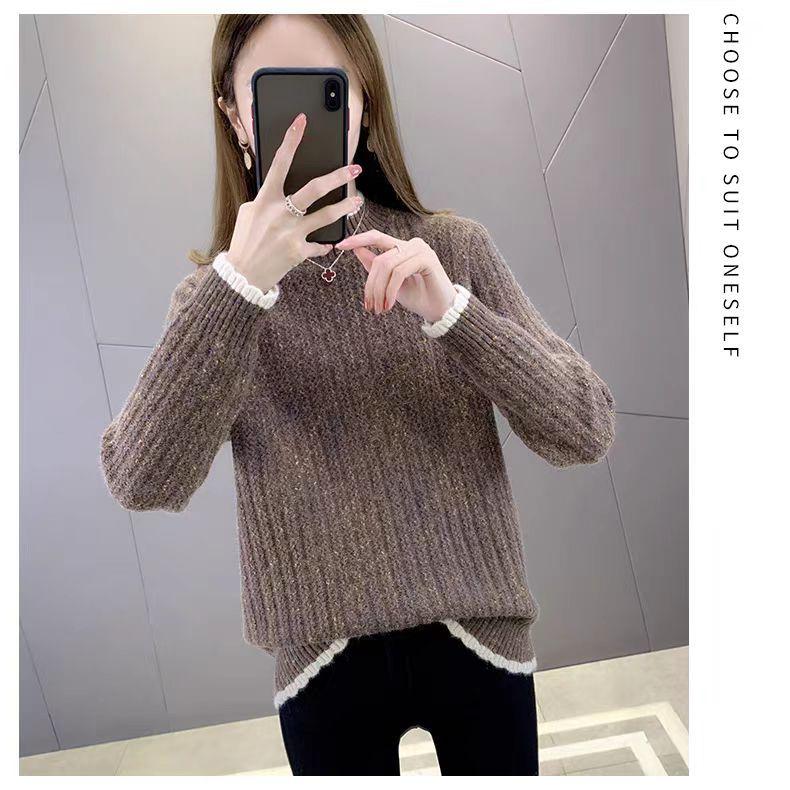Color Blocking Wavy Edge Women's Sweater Half High Neck Autumn Winter Knitted Top Base Women' Sweater