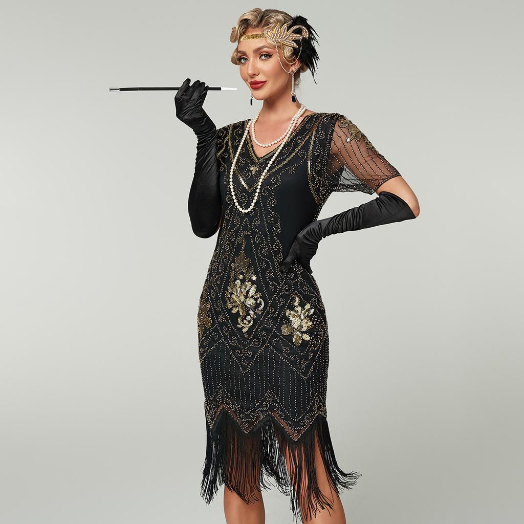 Gatsby Dress, New Hand-embroidered Beaded Sequin Skirt, European and American Banquet Dress V-neck Short-sleeved Dress