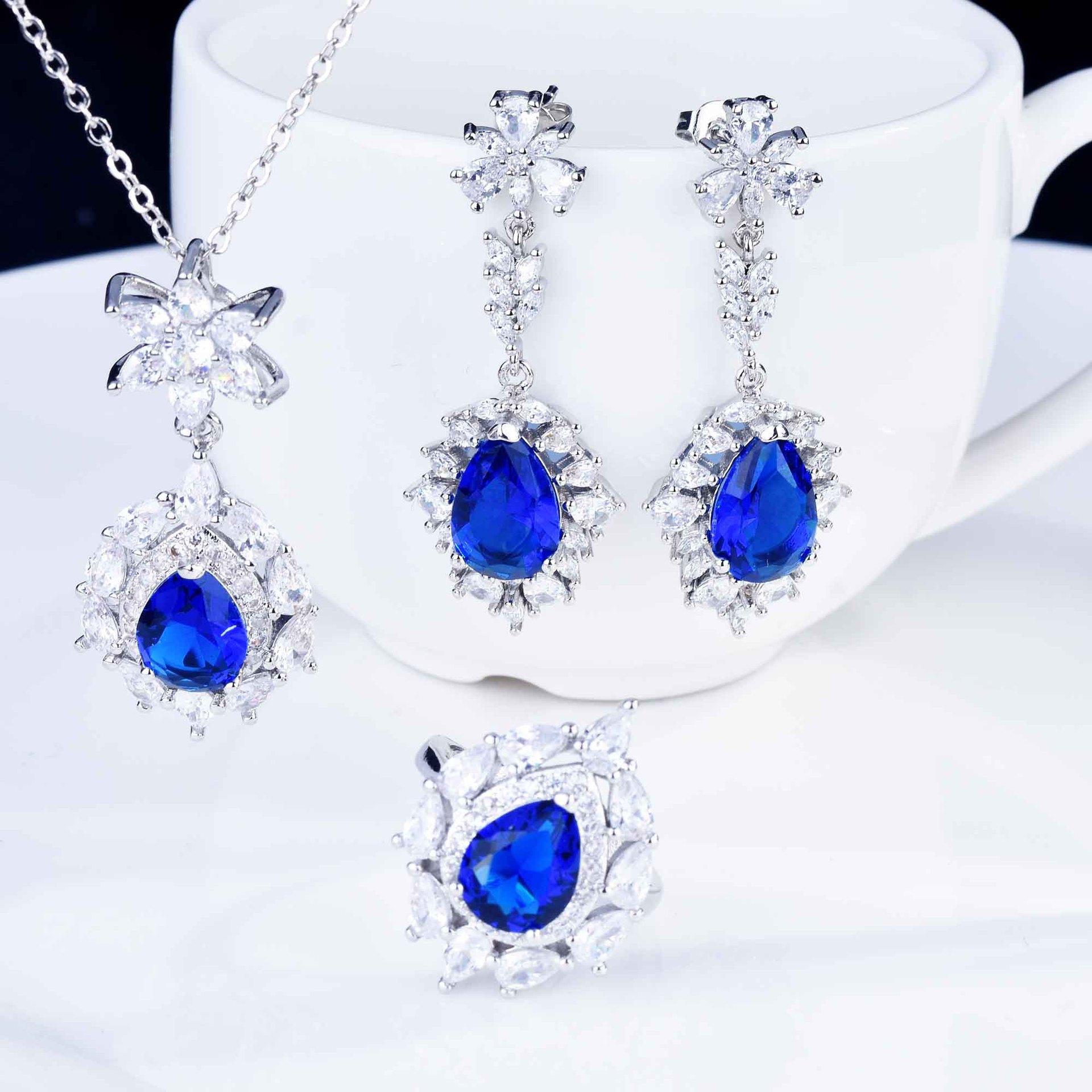 

Роскошные ювелирные наборы для женщин Хрустальная капля воды Голубые драгоценные камни Свадебные украшения