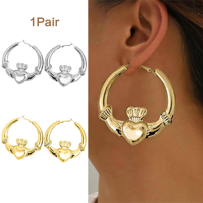 Große, klobige Claddagh-Creolen für Damen Starke Herzohrringe Valentinstagsgeschenk Süßer Statement-Schmuck Neu 2025