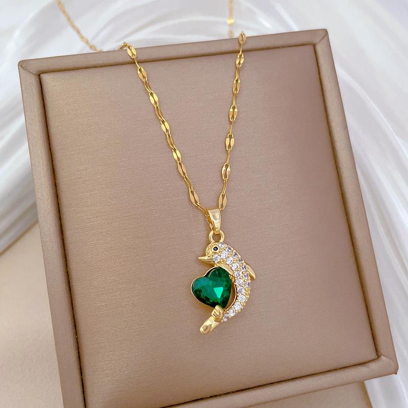 Green Love Dolphin Light Luxury Temperament Gorgeous Full Diamond Necklace Female Versatile Collarbone Chain Titanium Steel Chain