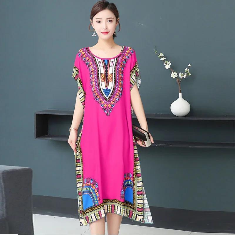 Bohemian National Style Leisure Holiday Beach Printed Poker Indonesia Floral O Neck Loose Midi Dress Pajamas Loungewear Woman