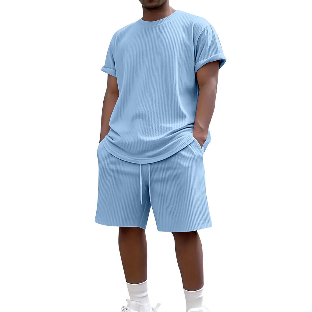 Men's Summer Casual 2-Piece Outfit Round Men's Neck Short Sleeve Tee Shorts Set