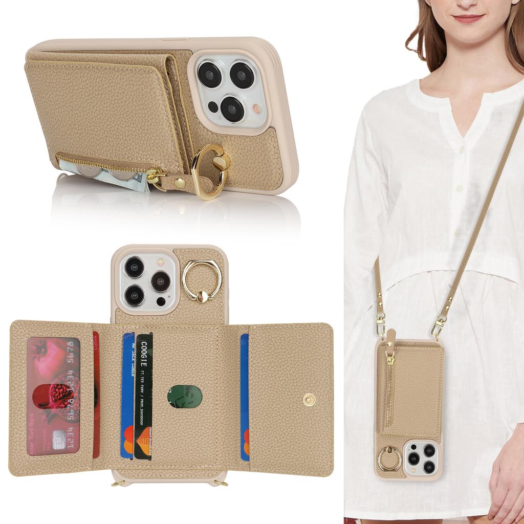 For iPhone 14 Pro Case Card Bag Ring Kickstand PU Leather+TPU Phone Cover with Shoulder Strap