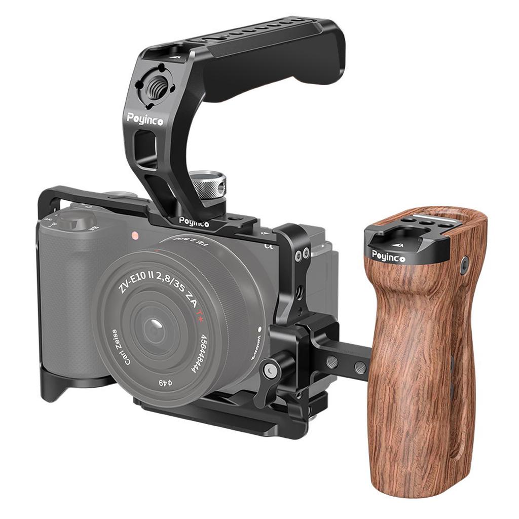 Poyinco JN 138 Camera Video Cage + Top Handle + Side Wooden Hand Grip Kit Camera Cage Aluminum Alloy with Cold Shoe