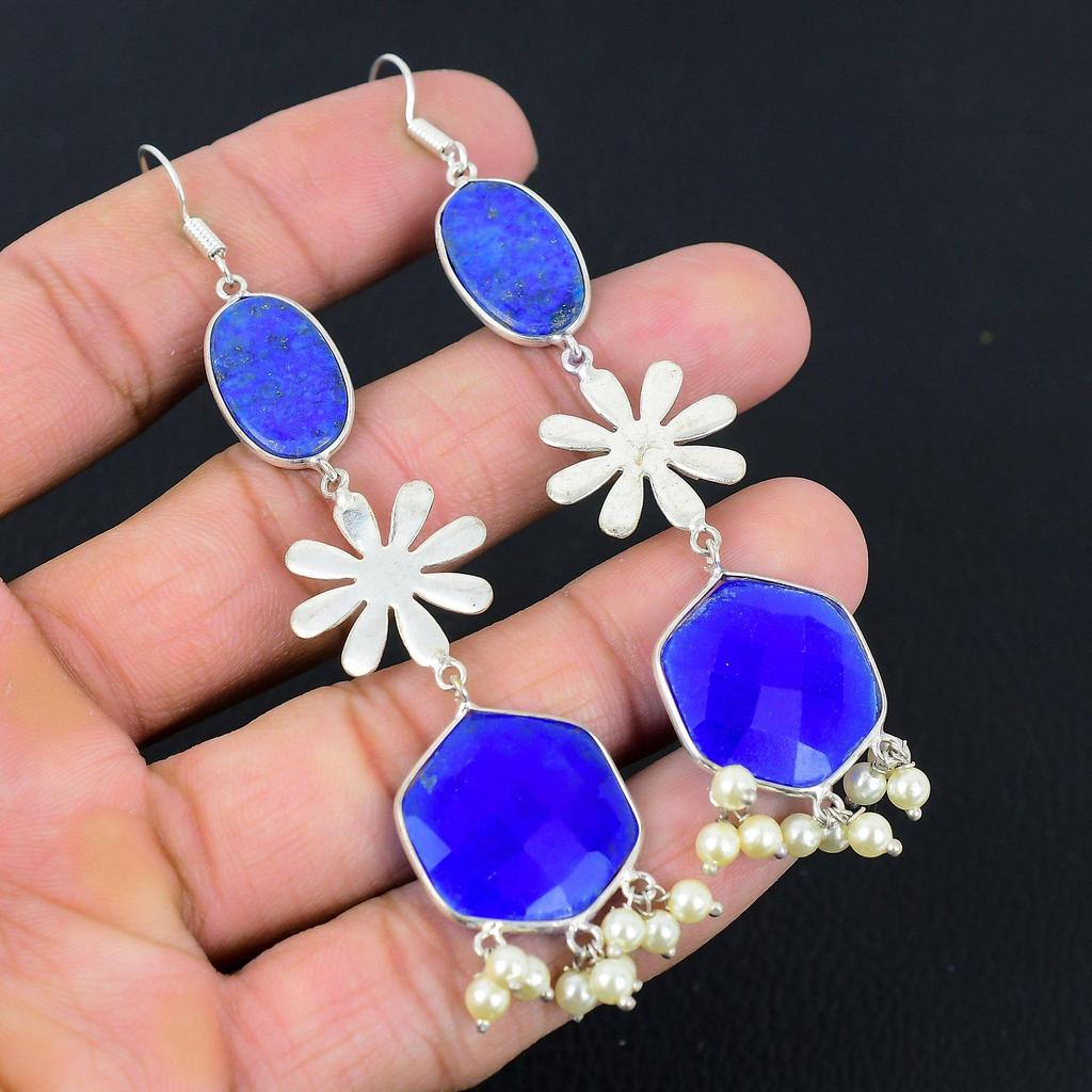 Halloween Sale Natural Blue Sapphire Dangle Drop Earrings 925 Sterling Silver