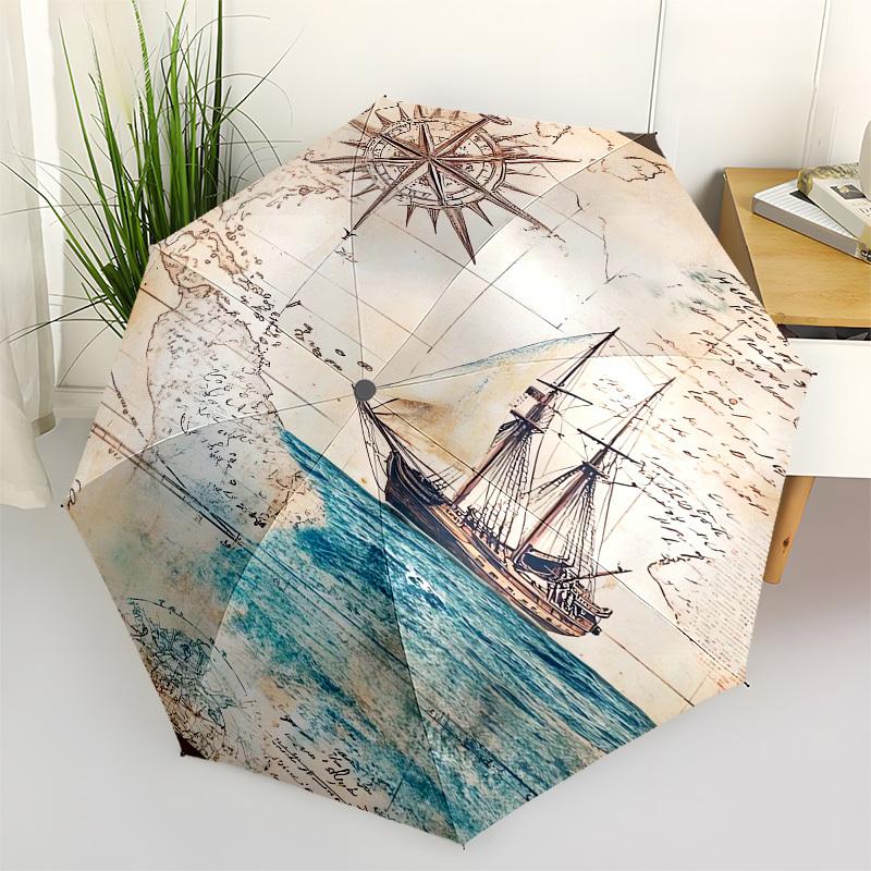 1pc Vintage Nautical Map with Compass and Ship Umbrella with Plastic Handle,Suitable for All Seasons UmbrellaPT451