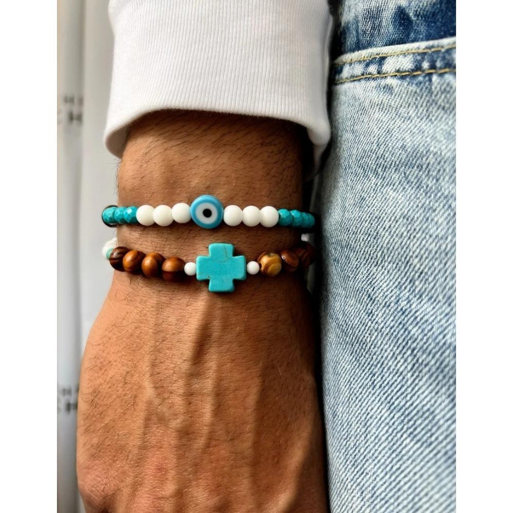 Black Matte Copper Inlaid Zirconium Diamond Ball Flying Saucer Long Bracelet Bracelet Set Wholesale Men's Woven Bracelet