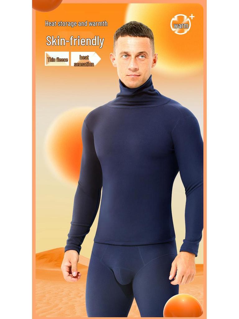 Herren Plüsch Verdicktes Herbst-Oberteil: Mittelhoher/Hoher Kragen, Warme Slim-Fit-Basisschicht mit langen Ärmeln