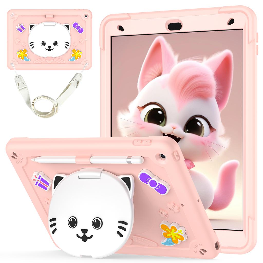For iPad 10.2 (2021)/(2020)/(2019) Case PC + Silicone Tablet Cover with Cat Kickstand/Shoulder Strap