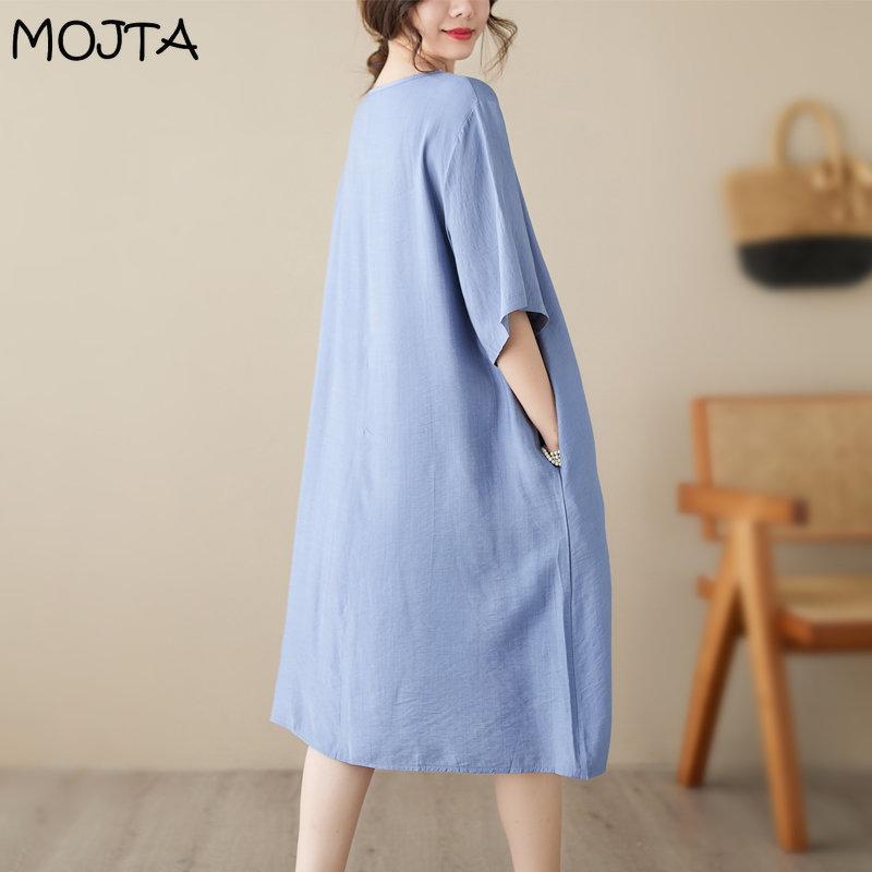 MOJTA Summer Embroidered Short-sleeved Dress Loose All-match Cotton Mid-length Skirt