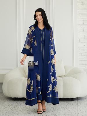 Middle East Embroidered Yarn Robe: Fashionable Dubai Two-Piece Muslim Cardigan Dress
