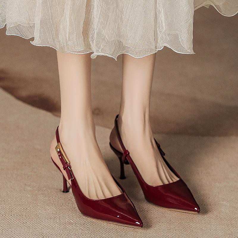 2026New Women's High Heels Metal Thin Heel Pointed Toe Sandals Sexy Patent Leather Slingback Sandals High Heel Dress Pumps Shoes