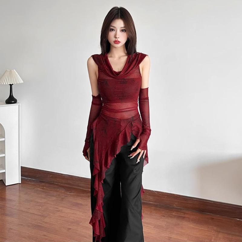 Vintage Gothic Hooded T Shirts Women Through Slim Y2K Tees Streetwear Harajuku with Sleeves Irregular
