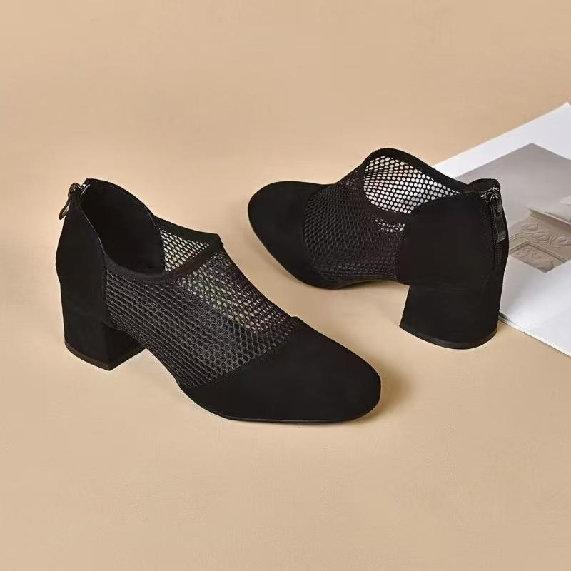 Women's Spring Summer New Mesh Block Heel Sandals Pointed Toe Hollow Out Low Top Breathable Zippers Fashionable High Heel Sandal