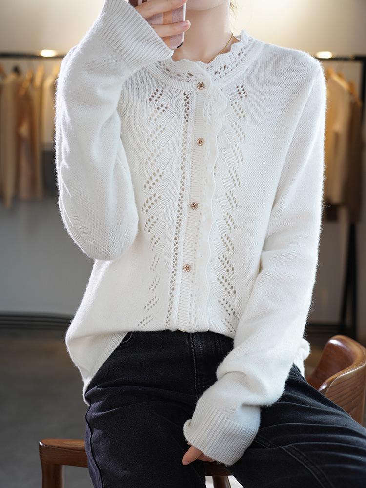 Women's Hollow Lace Wool Cardigan - Half-High Neck, Long Sleeve, Thick Autumn/Winter Style, Versatile, Fashionable Top