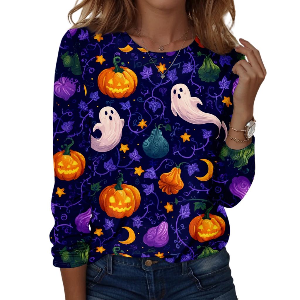 Women's Casual Long Sleeve Pullover Top Halloween Print Round Neck Shirt Lightweight Comfortable Fit for Daily Wear