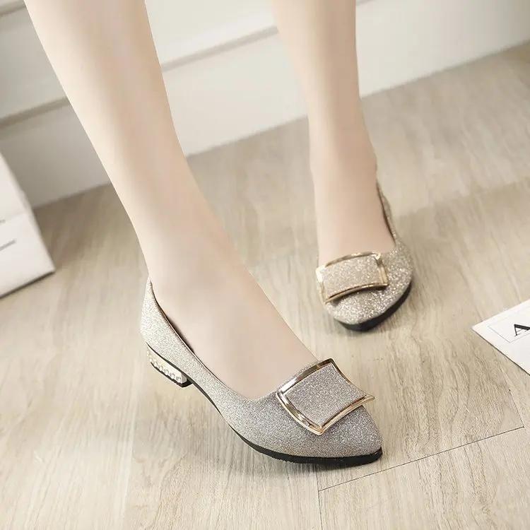Shoes Women Women Sequins Shallow Square Buckle Slip On Low Heel Shoes Pointed Single Shoes Lady Leather Thick Single