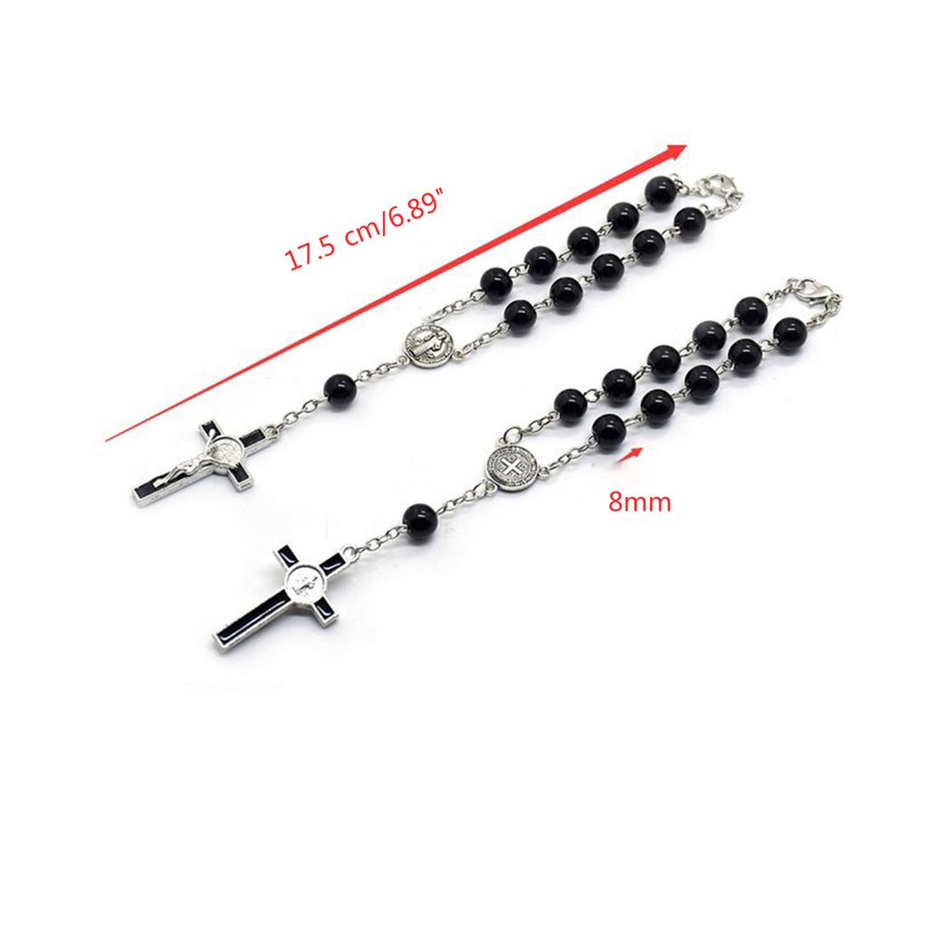 Fashion Simple Dangle Cross Bracelet Black Beads Jesus Pendant Bracelet for Women Anniversary Couple Jewelry Presents