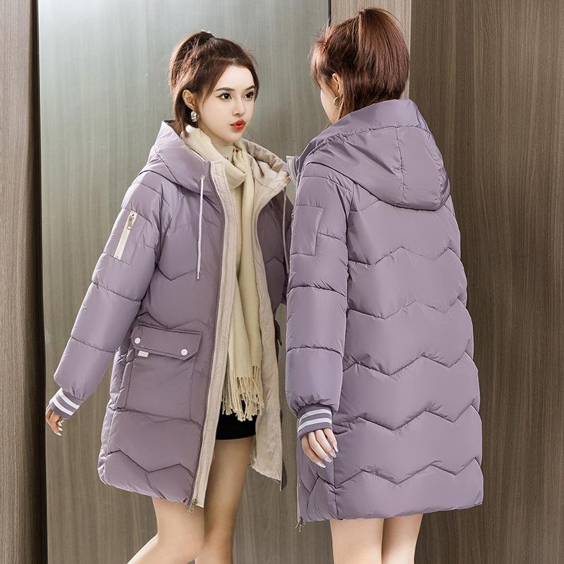 Hooded long women's padded jacket winter loose padded jacket large size thickened down cotton large pocket