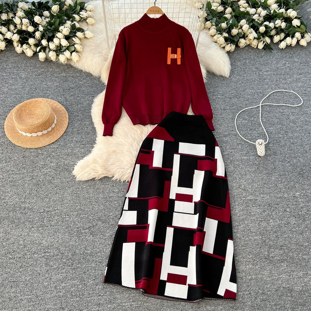 Høst Vinter Kvinner Elegant Strikket Genser Kontor Todelt Sett Ståkrage Pullover Topper og Lang Maxi Skjørt Dress