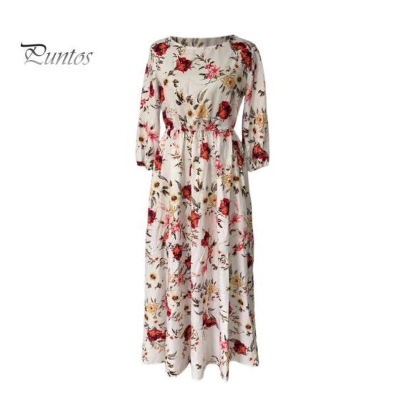 Sommer-Damenkleid, Blumendruck, A-Linie, lockerer Saum, Vintage-Stil, hohe Taille, französischer Stil, Dreiviertelärmel, plissiert, O-Ausschnitt, Abschlussball, Cocktailparty, Bankett