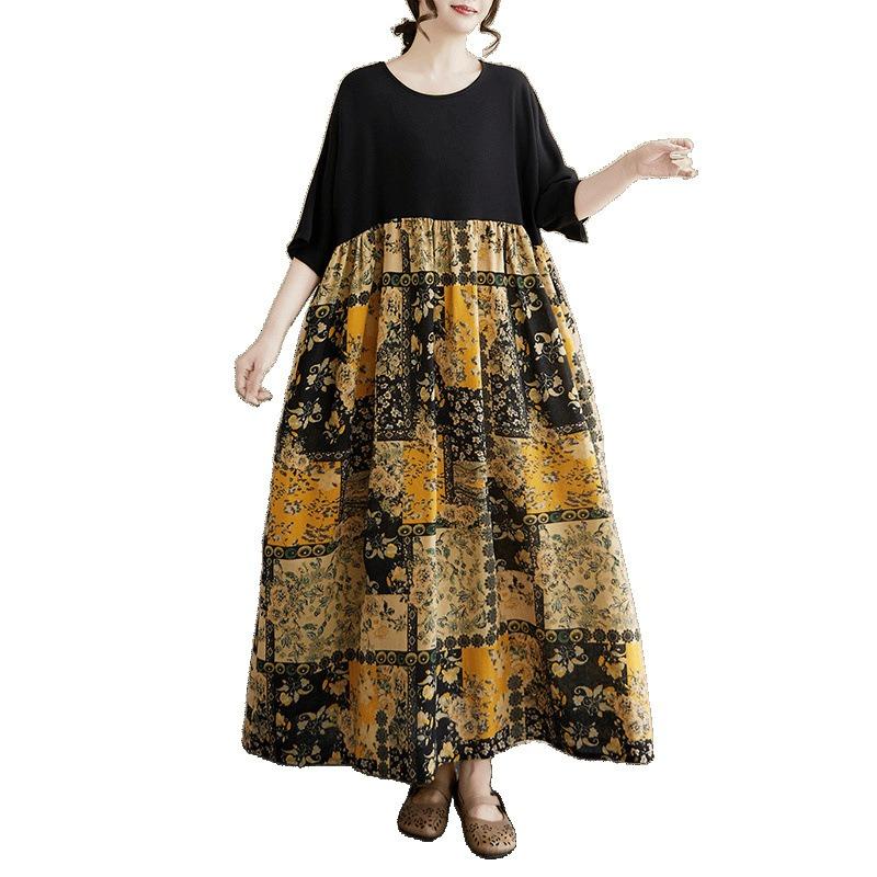 The real shot is the new 125kg fat MM to cover the meat and show thinness, and the color matching cotton and linen dress women's clothing.