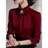 Women ruffled stand collar satin three quarter sleeve shirt multi color slim fit rhinestone pearl brooch office elegant blouse