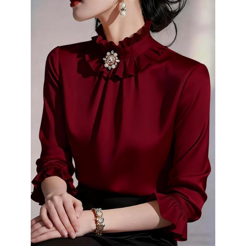 Women ruffled stand collar satin three quarter sleeve shirt multi color slim fit rhinestone pearl brooch office elegant blouse