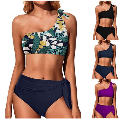 Dames Badkleding Bikini Effen Kleur Print Sexy Eén Schouderband Split Badpak