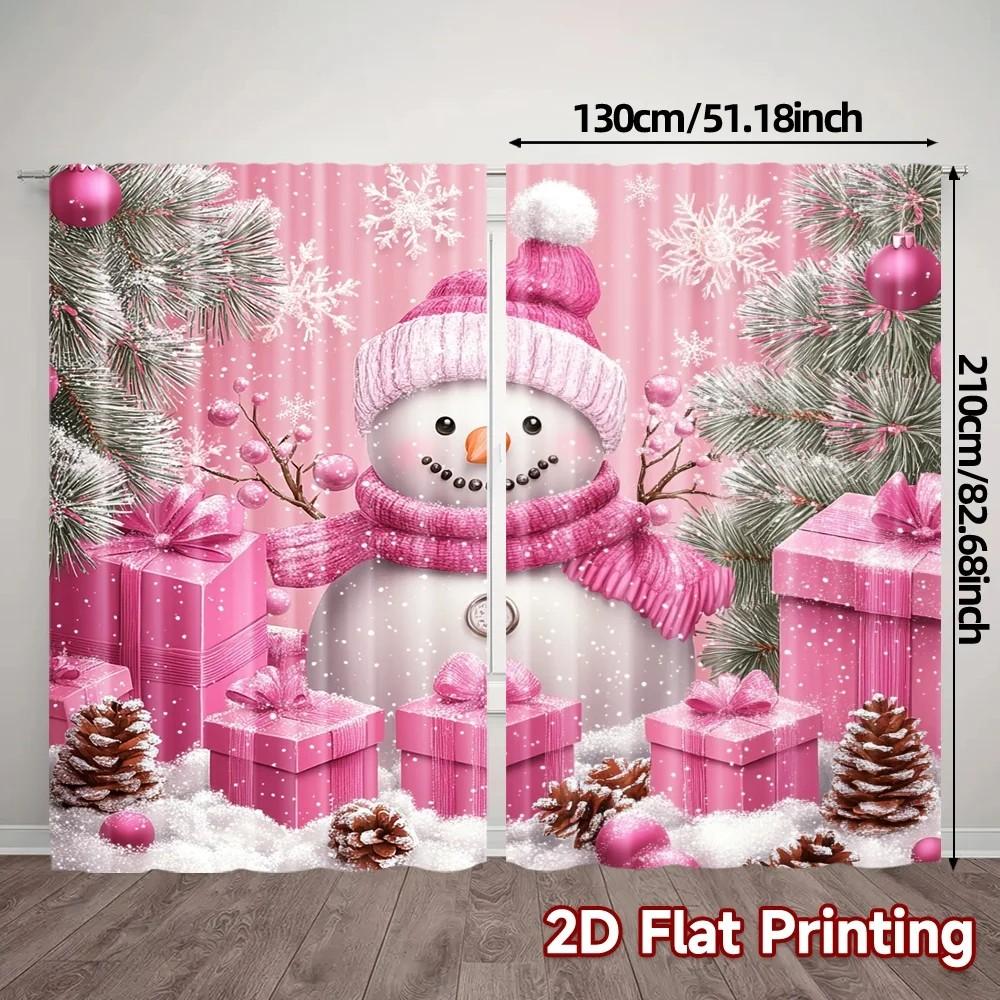 Set Of 2 Jit Pink Cartoon Snowman Curtains Christmas Window Decor Polyester Home Curtain With Rod Pocket