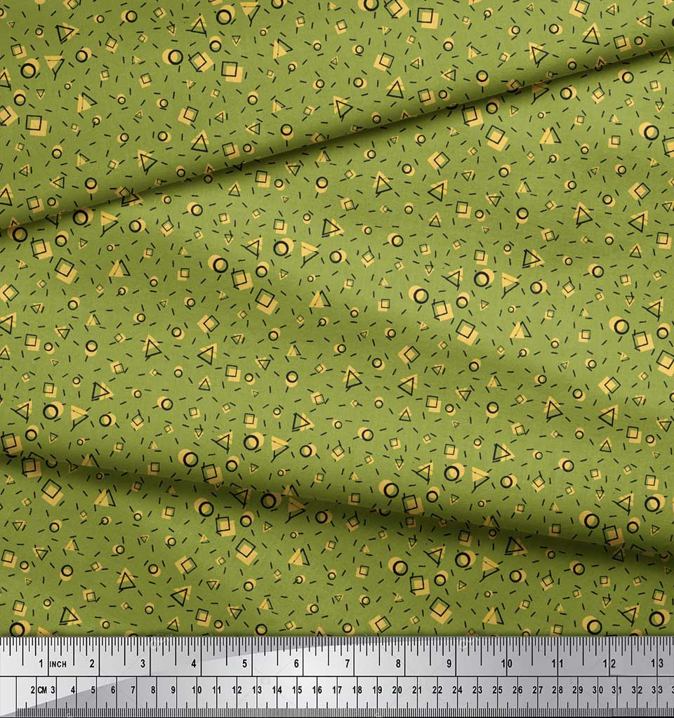Soimoi Grüner japanischer Krepp-Satinstoff mit Quadraten und Dreiecken, geometrischer Druck, Meterware, 42 Zoll