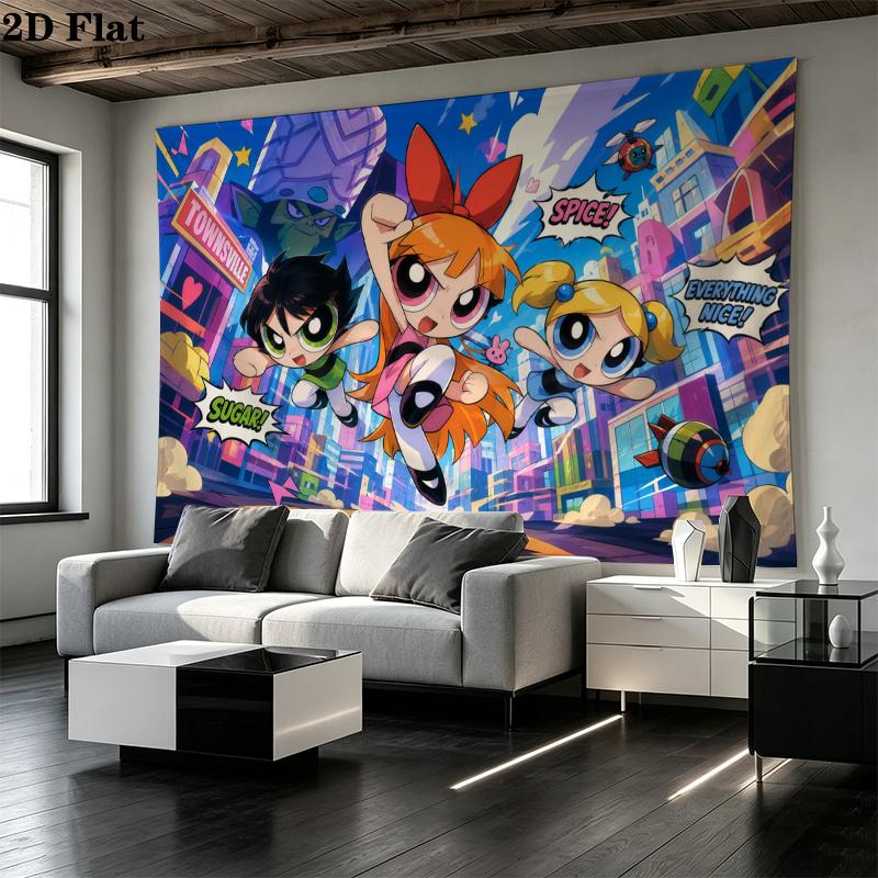 Powerpuff Girls Wall Tapestry Aesthetic Wall Hanging Printed Fabric Blanket Decorative Tapestries for Bedroom Living Room Home Decor