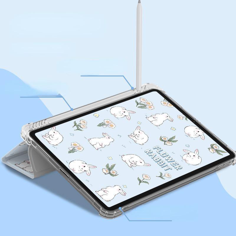 For iPad 2022 Gen10 10.9 Air4 Air5 10.9 Pro11 Pro12.9 Mini6/5/4 with Pencil Holder New High Quality Cute Floral Bunny Pattern iPad Tri-fold Flip Case