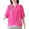 Fashion Embroidered Short Sleeved Cotton Linen Top Women's Summer Shirts New Loose Cardigan Blouse Mother V-Neck Shirt Blaus 4XL