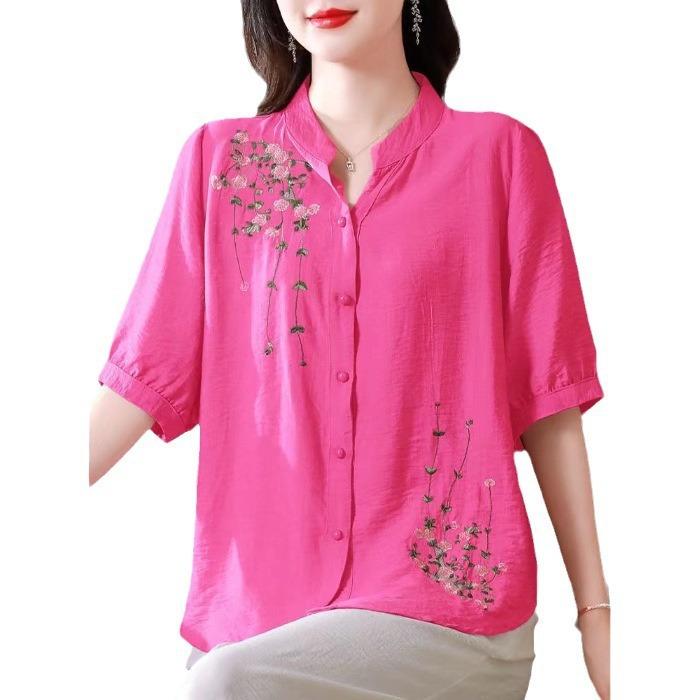 Fashion Embroidered Short Sleeved Cotton Linen Top Women's Summer Shirts New Loose Cardigan Blouse Mother V-Neck Shirt Blaus 4XL