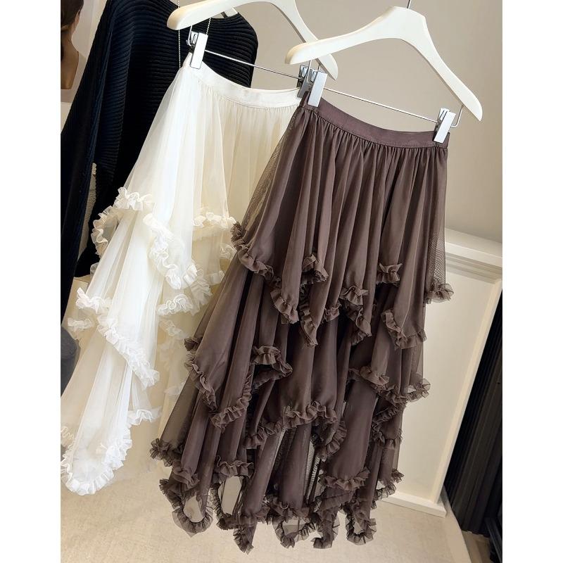 Layering irregular fungus edge splicing mesh skirt women's early spring thin fluffy A-character super fairy cake skirt