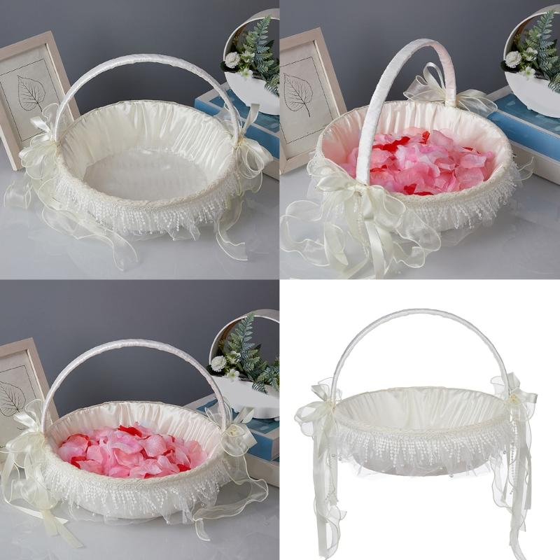 White Ruffle Flower Girl Basket with Lace and White Ribbon for Various Wedding Themes For Wedding Day