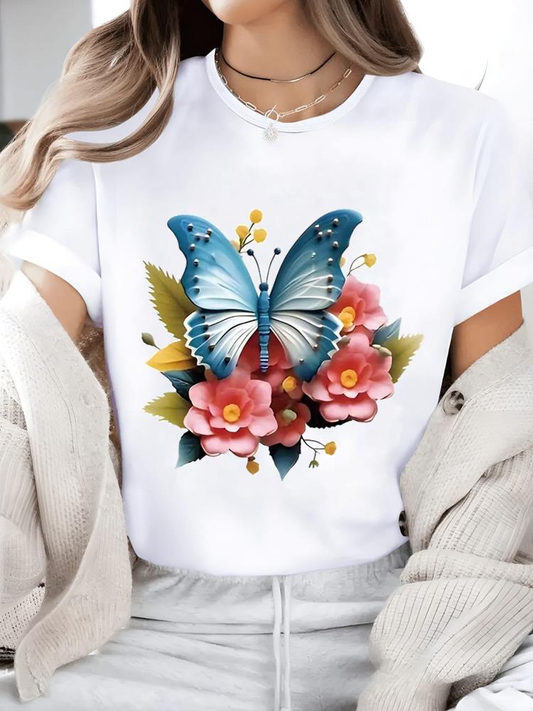 (Asian Size) Watercolor Flower Trend 90s Print Short Sleeve T-shirts Fashion O-neck Female Casual Women's Top T Clothing  Graphic Tee