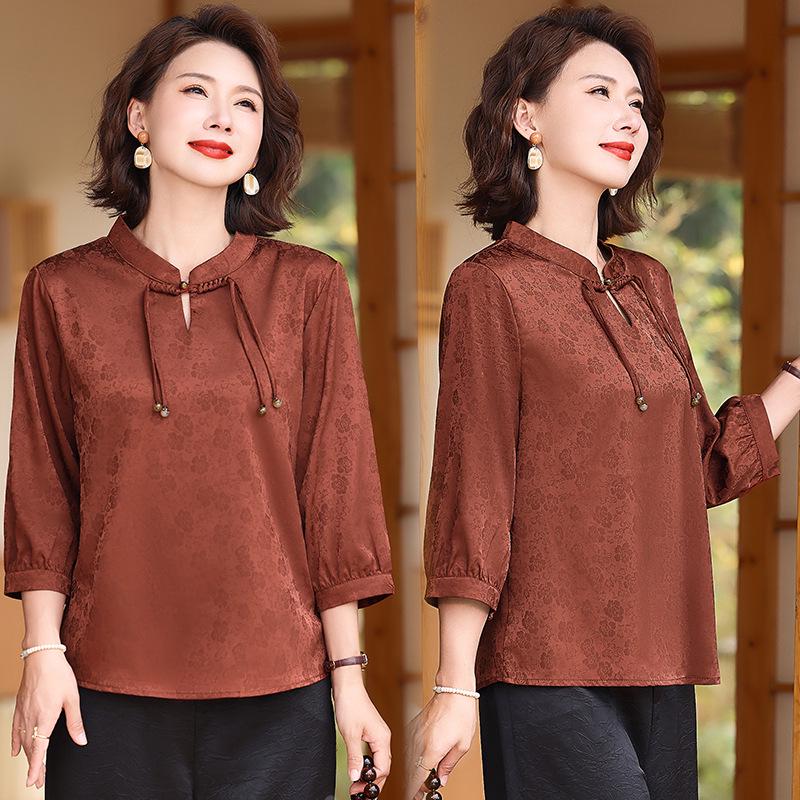 Summer Seven-Sleeve T-shirt: 2026 New Chinese Style Mom s Stylish Guofeng Blouse 2XL (Recommended 105-120 lbs)