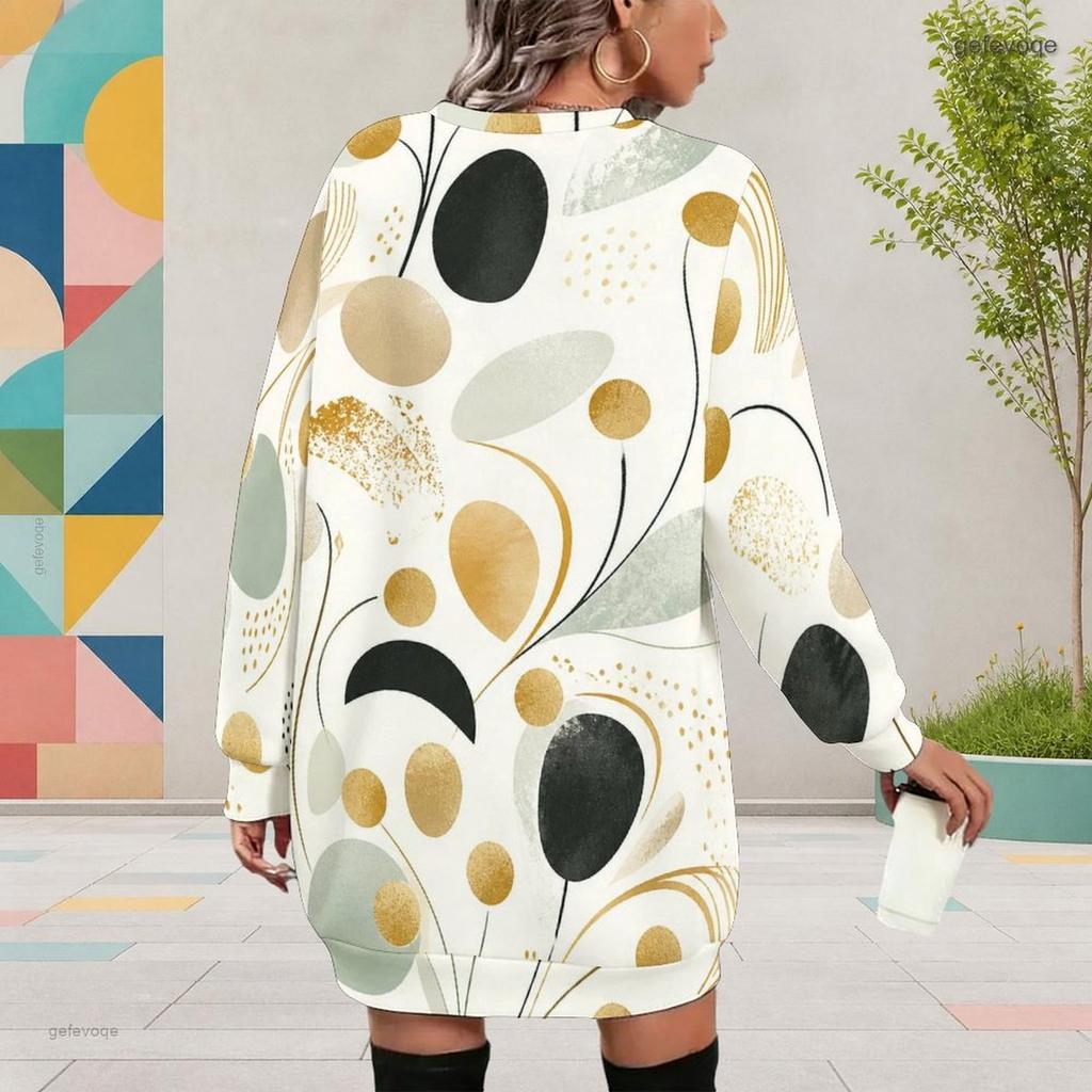 Women Plus Size Round Neck Long Sleeve Printed Black Mini Sweatshirt Dress Ribbed Cuffs