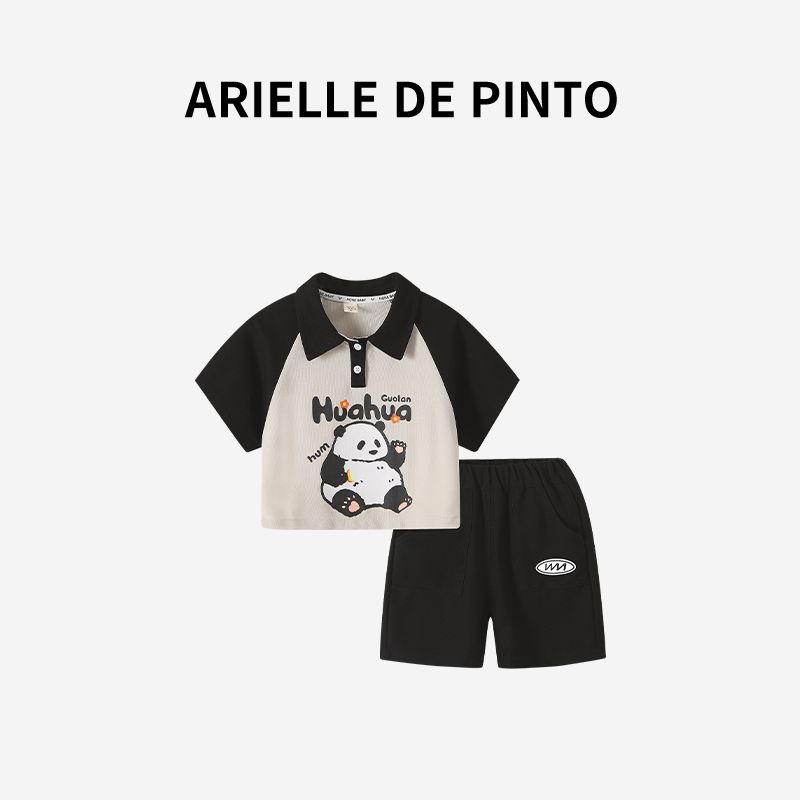French Arielle De Pinto Boys  Raglan Sleeve Panda Short-Sleeve Set Summer Fashion Trendy Boys  Outfit Black 150